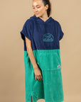 PONCHO DE BAIN EN EPONGE FEMME - MARINE/MENTHE